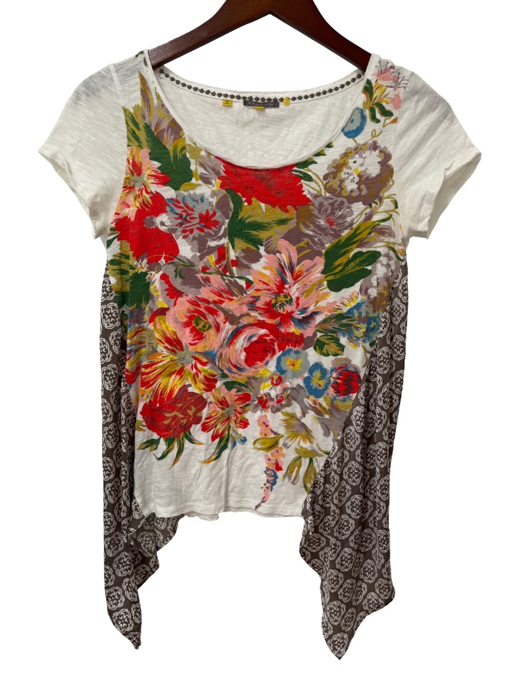 Little Yellow Button Womens XS Floral Handkerchief Hem Boho Top Multicolor